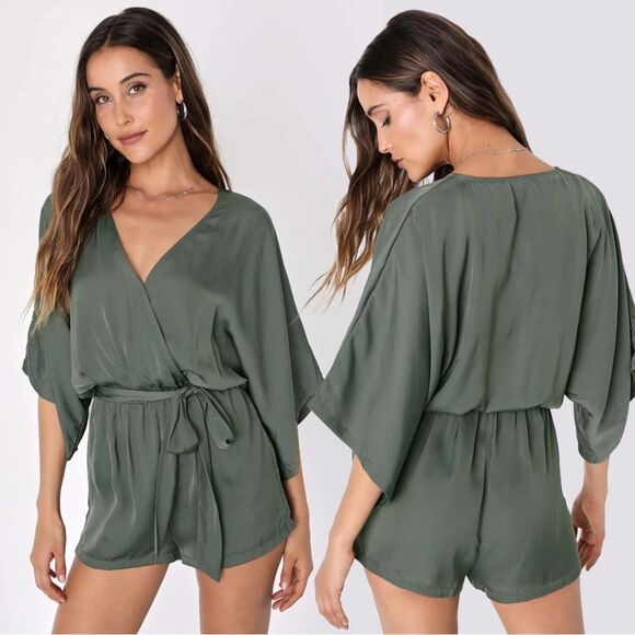 NWT Lulus Ain't It Grand Olive Green Satin Surplice Romper - Picture 1 of 10